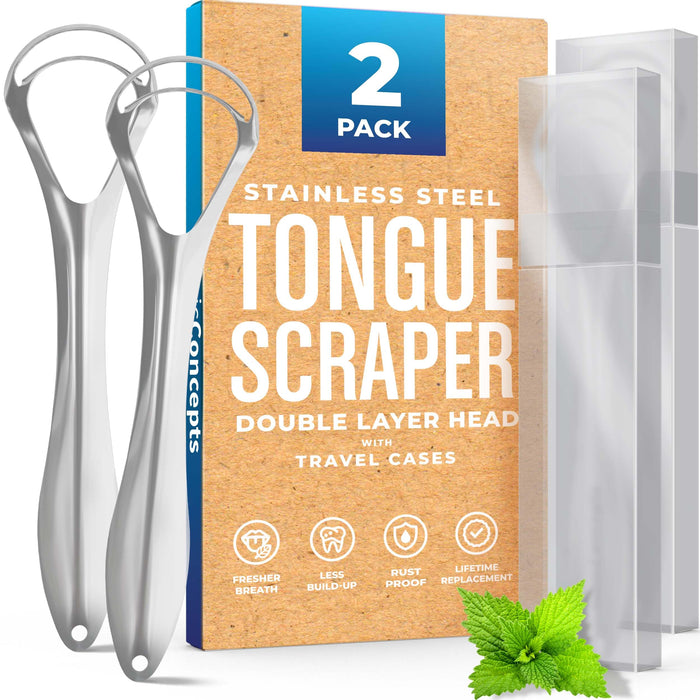 Mouthology Tongue Scraper (2 Pack) Dual Scraping Head, Reduce Bad Breath (Travel Cases Included), Stainless Steel Tongue Cleaners, Tongue Brush, 100% Metal Tongue Scrapers Fresher Breath