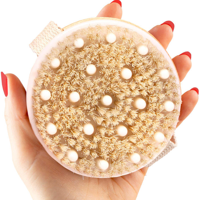 Dry Brushing Body Brush (Reduce Cellulite) Dry Brush for Cellulite and Lymphatic Drainage, Exfoliating Brush with Soft Massage Nodules, Shower Brush Body Scrubber 100% Natural Bristle Brush