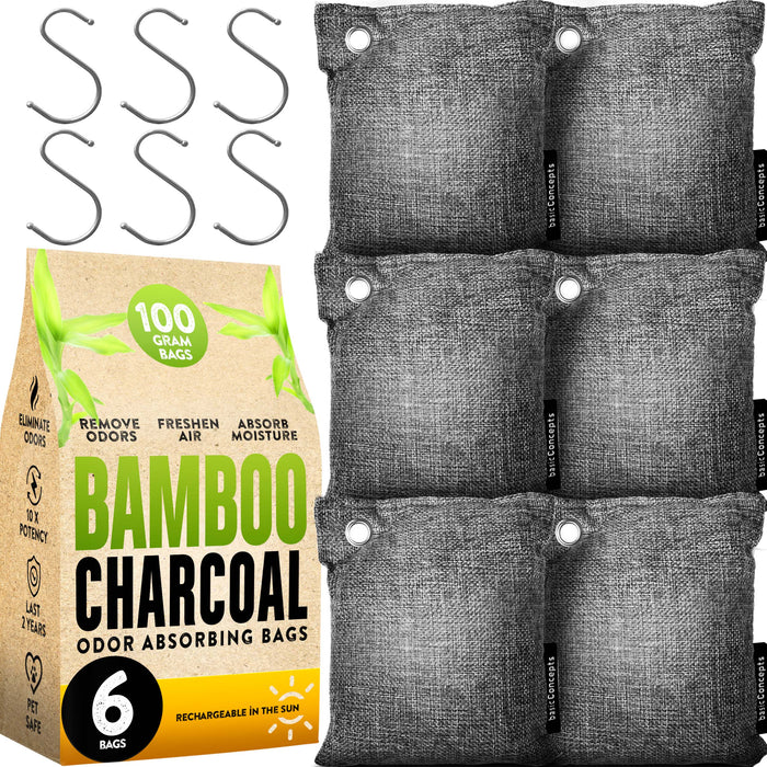 Charcoal Odor Absorber for Strong Odor (Large, 6 Pack, 100g each), Bamboo Air Purifying Bag, Activated Charcoal Odor Absorber for Closet, Shoe, Car, Basement Musty Odor Eliminator Deodorizer