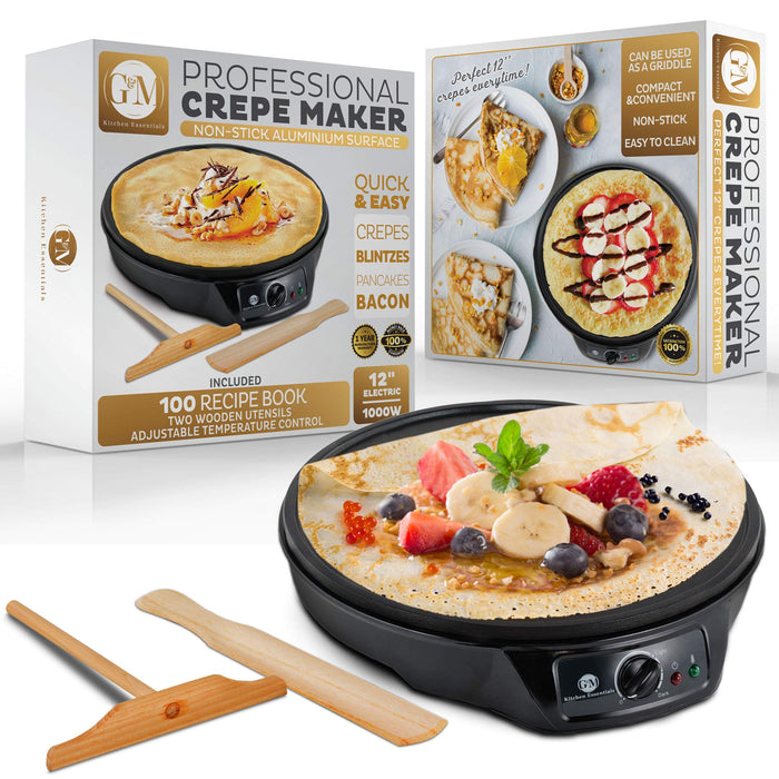 Crepe Maker Machine Pancake Griddle - Nonstick 12" Electric Griddle - Pancake Maker, Batter Spreader, Wooden Spatula - Crepe Pan for Roti, Tortilla, Blintzes - Portable, Compact, Easy Clean