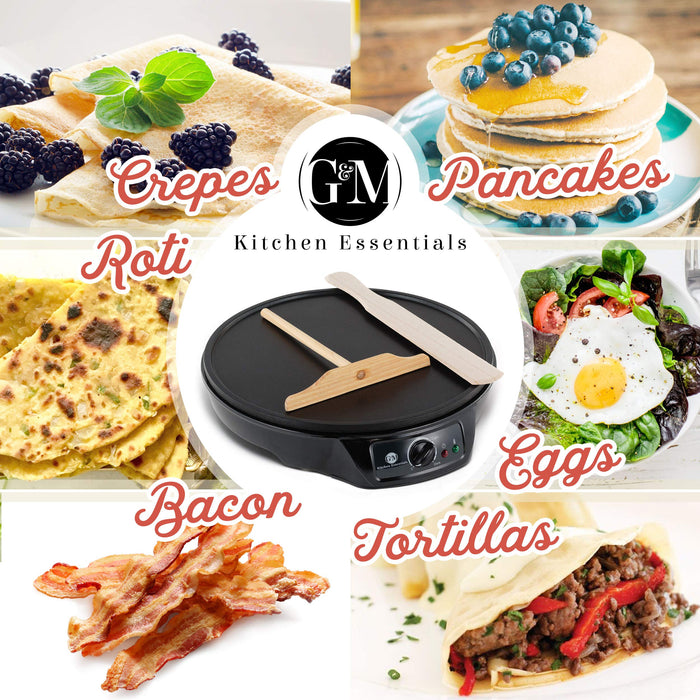 Crepe Maker Machine Pancake Griddle - Nonstick 12" Electric Griddle - Pancake Maker, Batter Spreader, Wooden Spatula - Crepe Pan for Roti, Tortilla, Blintzes - Portable, Compact, Easy Clean