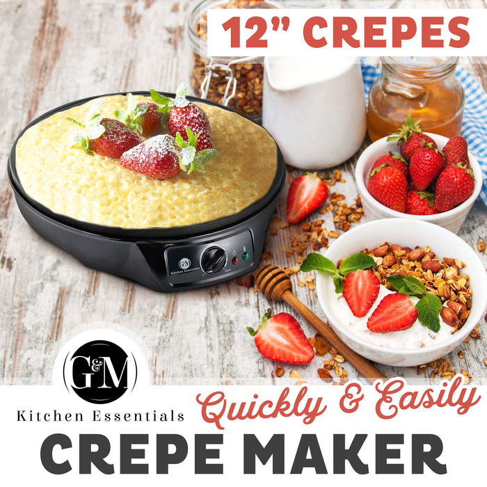Crepe Maker Machine Pancake Griddle - Nonstick 12" Electric Griddle - Pancake Maker, Batter Spreader, Wooden Spatula - Crepe Pan for Roti, Tortilla, Blintzes - Portable, Compact, Easy Clean
