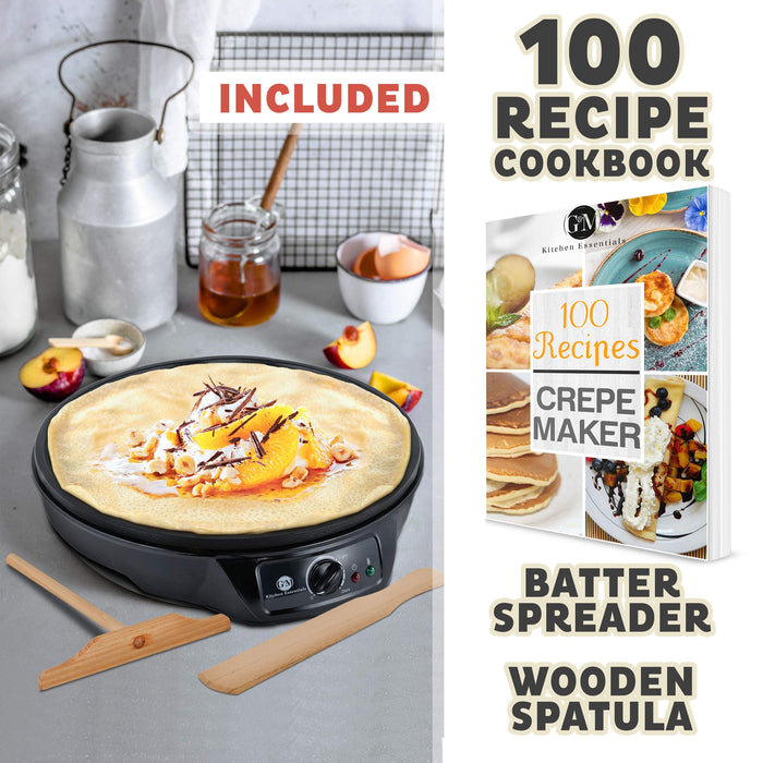 Crepe Maker Machine Pancake Griddle - Nonstick 12" Electric Griddle - Pancake Maker, Batter Spreader, Wooden Spatula - Crepe Pan for Roti, Tortilla, Blintzes - Portable, Compact, Easy Clean
