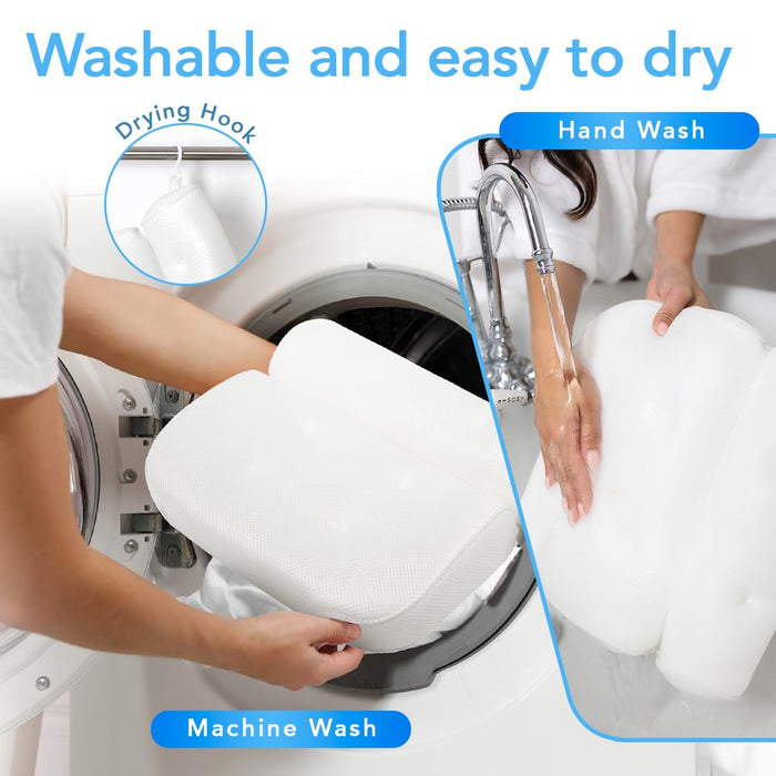 BASIC CONCEPTS Bathtub Pillow for Neck and Back Support with Drying Hook, Bathtub Pillow Machine Headrest for Soaking & Straight Back Tubs - Bath Accessories, Machine Washable, 6 Suction Cups