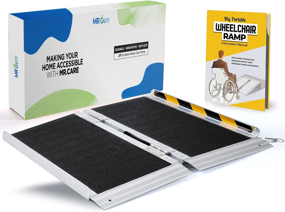 MR CARE Portable Wheelchair Ramp | Lightweight Foldable Ramps for Wheelchairs with Handle | Featuring Unique Yellow Reflective Caution Stickers | Perfect Wheel Chair Ramp for Home Steps (2FT)