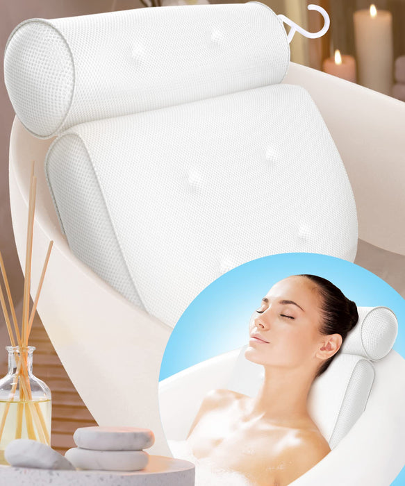 BASIC CONCEPTS Bathtub Pillow for Neck and Back Support with Drying Hook, Bathtub Pillow Machine Headrest for Soaking & Straight Back Tubs - Bath Accessories, Machine Washable, 6 Suction Cups