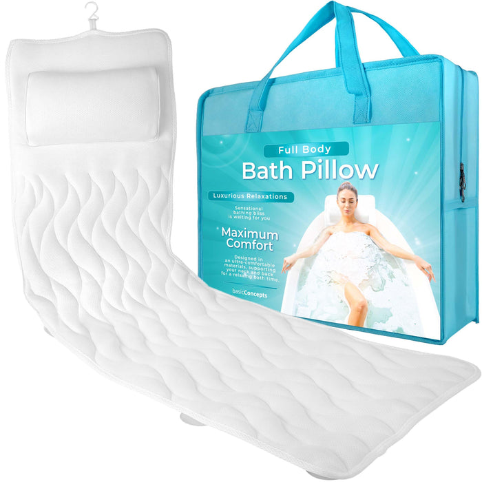 BASIC CONCEPTS Full Body Bath Pillow, Bathroom Tub Thick Pillow for Neck and Back Support, Extra Thick Bathtub Cushion & Bathtub Pillow Headrest, Bathtub Accessories for Women Men, 22 Suction Cups