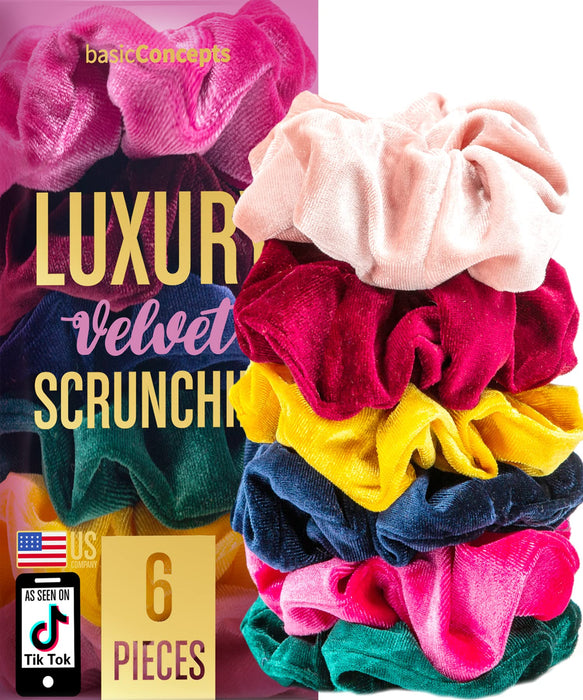 Velvet Scrunchies for Hair (6 Scrunchie Pack), Cute Scrunchies for Girls, Velvet Hair Scrunchies for Thick and Thin Hair, VSCO Girls Scrunchies for Hair, Fuzzy Hair Scrunchies for Women