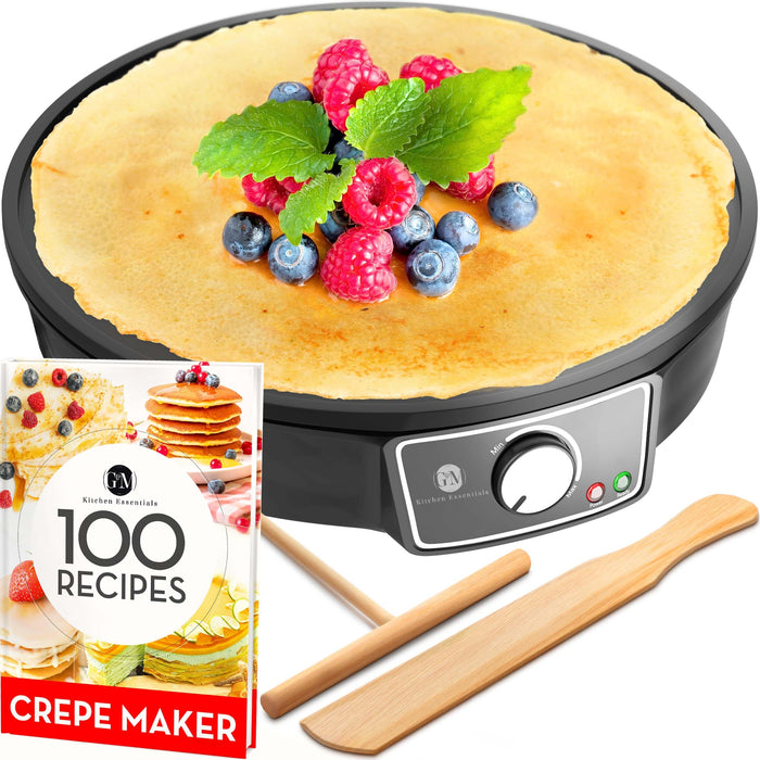 Crepe Maker Machine (Easy to Use), Pancake Griddle - Nonstick 12” Electric Griddle - Pancake Maker, Batter Spreader, Wooden Spatula - Crepe Pan for Crepes Roti, Tortilla, Blintzes - Portable, Compact