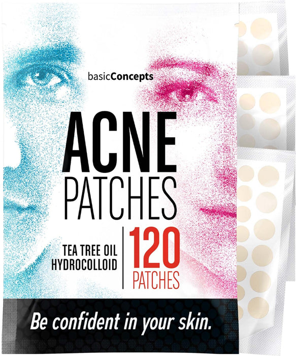 BASIC CONCEPTS Pimple Patches for Face (120 Pack), Hydrocolloid Patch with Tea Tree Oil - Pimple Patch Zit Patch and Pimple Stickers - Hydrocolloid Acne Patches for Face - Zit Patches -Blemish Patches