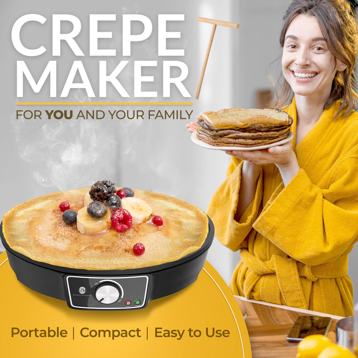 Crepe Maker Machine (Easy to Use), Pancake Griddle - Nonstick 12” Electric Griddle - Pancake Maker, Batter Spreader, Wooden Spatula - Crepe Pan for Crepes Roti, Tortilla, Blintzes - Portable, Compact