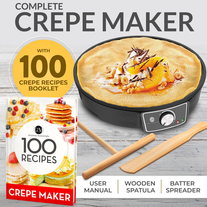 Crepe Maker Machine (Easy to Use), Pancake Griddle - Nonstick 12” Electric Griddle - Pancake Maker, Batter Spreader, Wooden Spatula - Crepe Pan for Crepes Roti, Tortilla, Blintzes - Portable, Compact