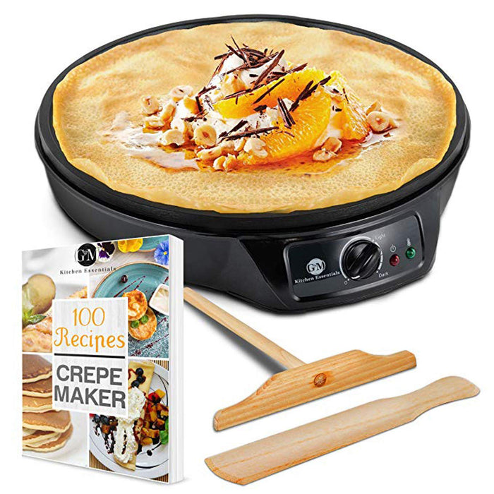 Crepe Maker Machine Pancake Griddle - Nonstick 12" Electric Griddle - Pancake Maker, Batter Spreader, Wooden Spatula - Crepe Pan for Roti, Tortilla, Blintzes - Portable, Compact, Easy Clean