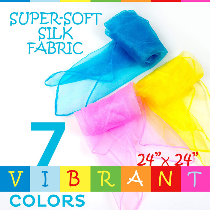 Juggling Scarves (7 Pack), Play Scarves for Kids (7 Vibrant Colors), Dancing Scarves for Music and Movement, Fun Juggling Scarves for Kids, Toddlers and Children, Cool Rainbow Scarves Dance Props