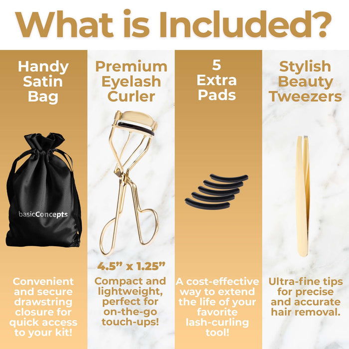 Eyelash Curlers Kit (Gold), Premium Lash Curler for Perfect Lashes, Universal Eye Lash Curler with 5 Eyelash Curler Refills, Eyelash Curler for Women, rizador de pestañas (Box Colors Vary)