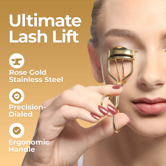 Eyelash Curlers Kit (Gold), Premium Lash Curler for Perfect Lashes, Universal Eye Lash Curler with 5 Eyelash Curler Refills, Eyelash Curler for Women, rizador de pestañas (Box Colors Vary)
