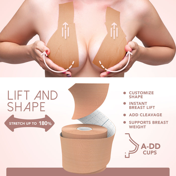 Boob Tape (Includes 10 Petal Nipple Covers), Breast Lift Tape, Boob Tape for Breast Lift, Breathable, Adhesive Breast Tape (A-DD Cup), Breast Tape Lifting Large Breast for Day Night or Swim Wear.