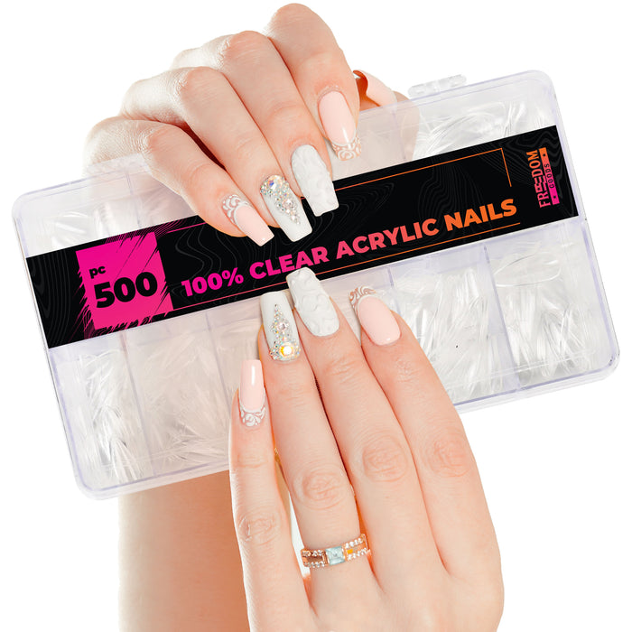 Coffin Nails Clear Acrylic (500pcs), Long Fake Nails Acrylic Full Cover Coffin Nail Tips with Case (10 Sizes), Clear Acrylic False Nails Coffin Shaped, Clear Coffin Nail Tips Acrylic Fake Nails