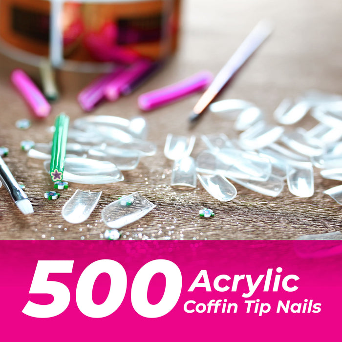 Coffin Nails Clear Acrylic (500pcs), Long Fake Nails Acrylic Full Cover Coffin Nail Tips with Case (10 Sizes), Clear Acrylic False Nails Coffin Shaped, Clear Coffin Nail Tips Acrylic Fake Nails