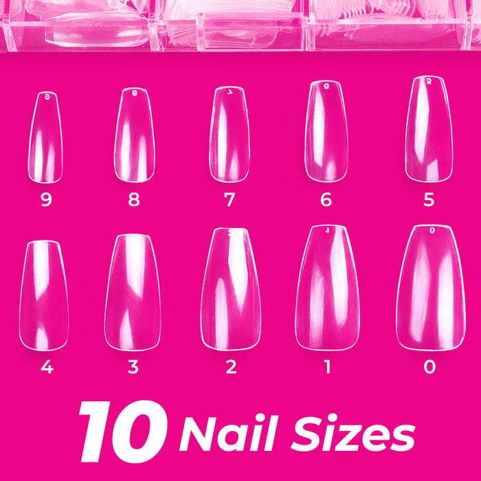 Coffin Nails Clear Acrylic (500pcs), Long Fake Nails Acrylic Full Cover Coffin Nail Tips with Case (10 Sizes), Clear Acrylic False Nails Coffin Shaped, Clear Coffin Nail Tips Acrylic Fake Nails